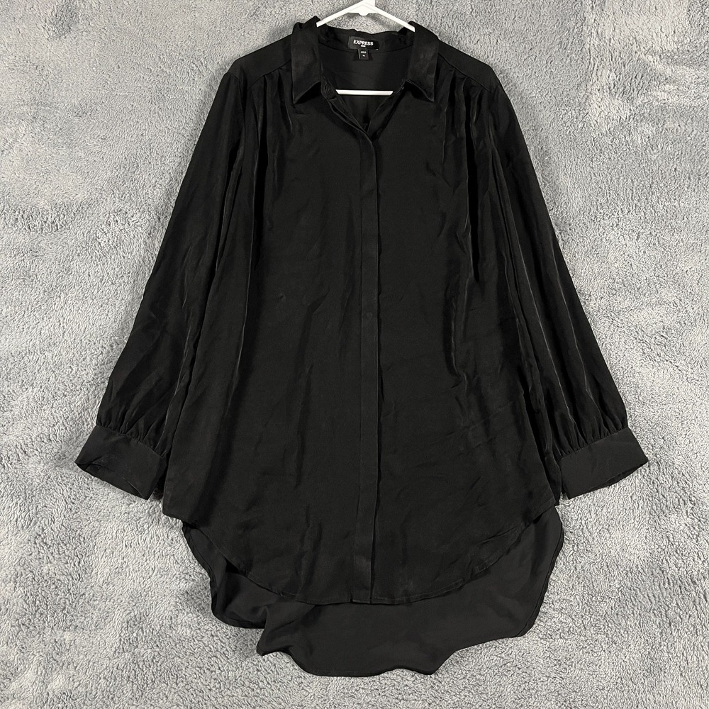 Express Tunic Shirt Womens XL Black Long Sleeve Hi-Low Hem Collared Button Up